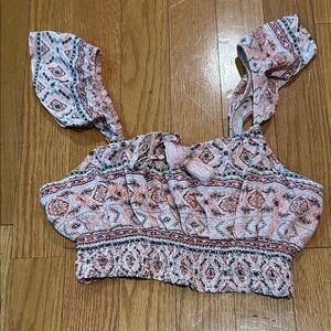 Pink Printed Smocked Tie-Shoulder Crop Top